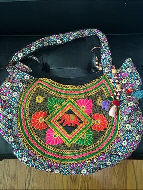 Hand-Embroidered Multicolor Boho Shoulder Bag with Elephant Motif